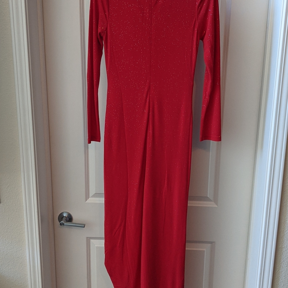 NWT, Abyss by Abby red dress with shimmer, high slit, asymmetrical train - Picture 4 of 4